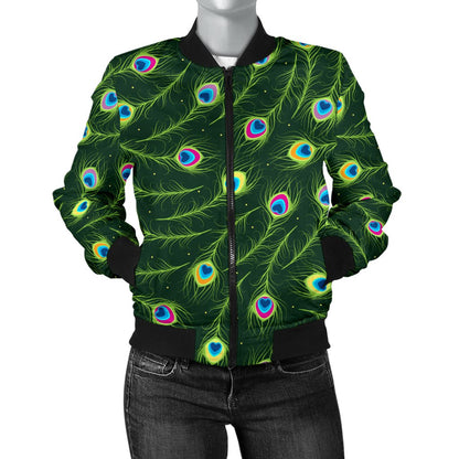 Peacock Feather Green Design Print Women Casual Bomber Jacket