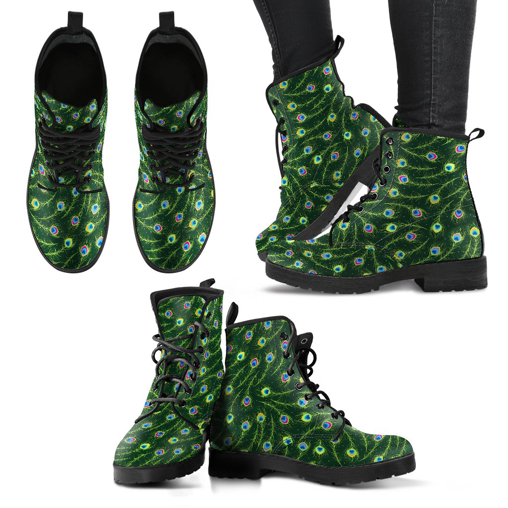 Peacock Feather Green Design Print Women Leather Boots-JTAMIGO.COM