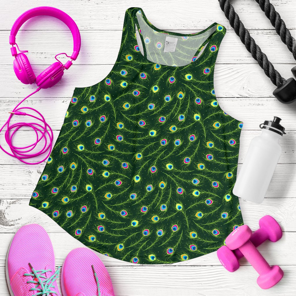 Peacock Feather Green Design Print Women Racerback Tank Top