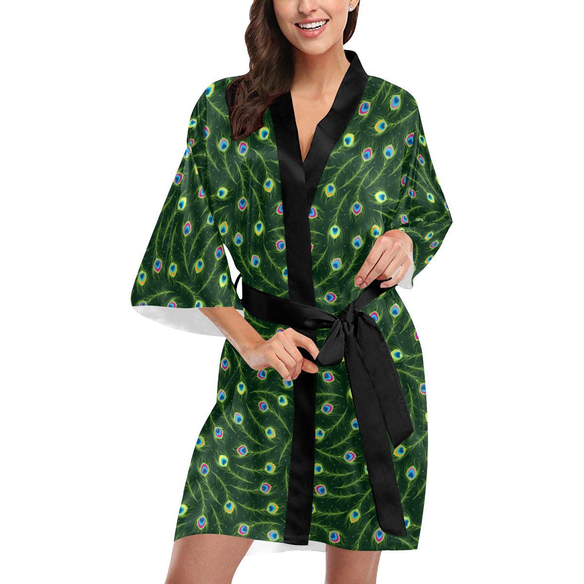 Peacock Feather Green Design Print Women Short Kimono Robe