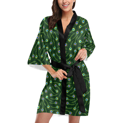Peacock Feather Green Design Print Women Short Kimono Robe