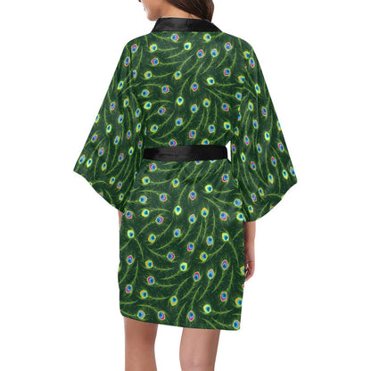 Peacock Feather Green Design Print Women Short Kimono Robe