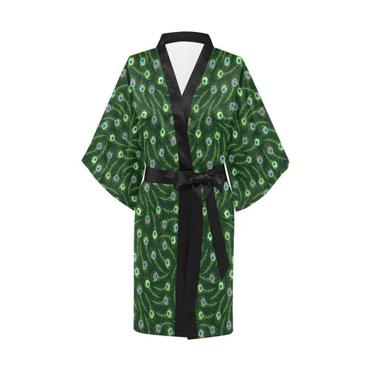 Peacock Feather Green Design Print Women Short Kimono Robe