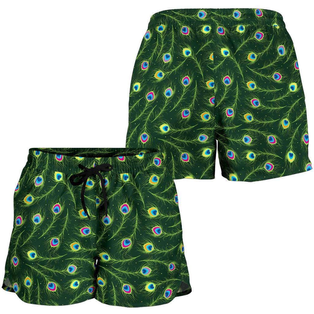 Peacock Feather Green Design Print Women Shorts-JTAMIGO.COM