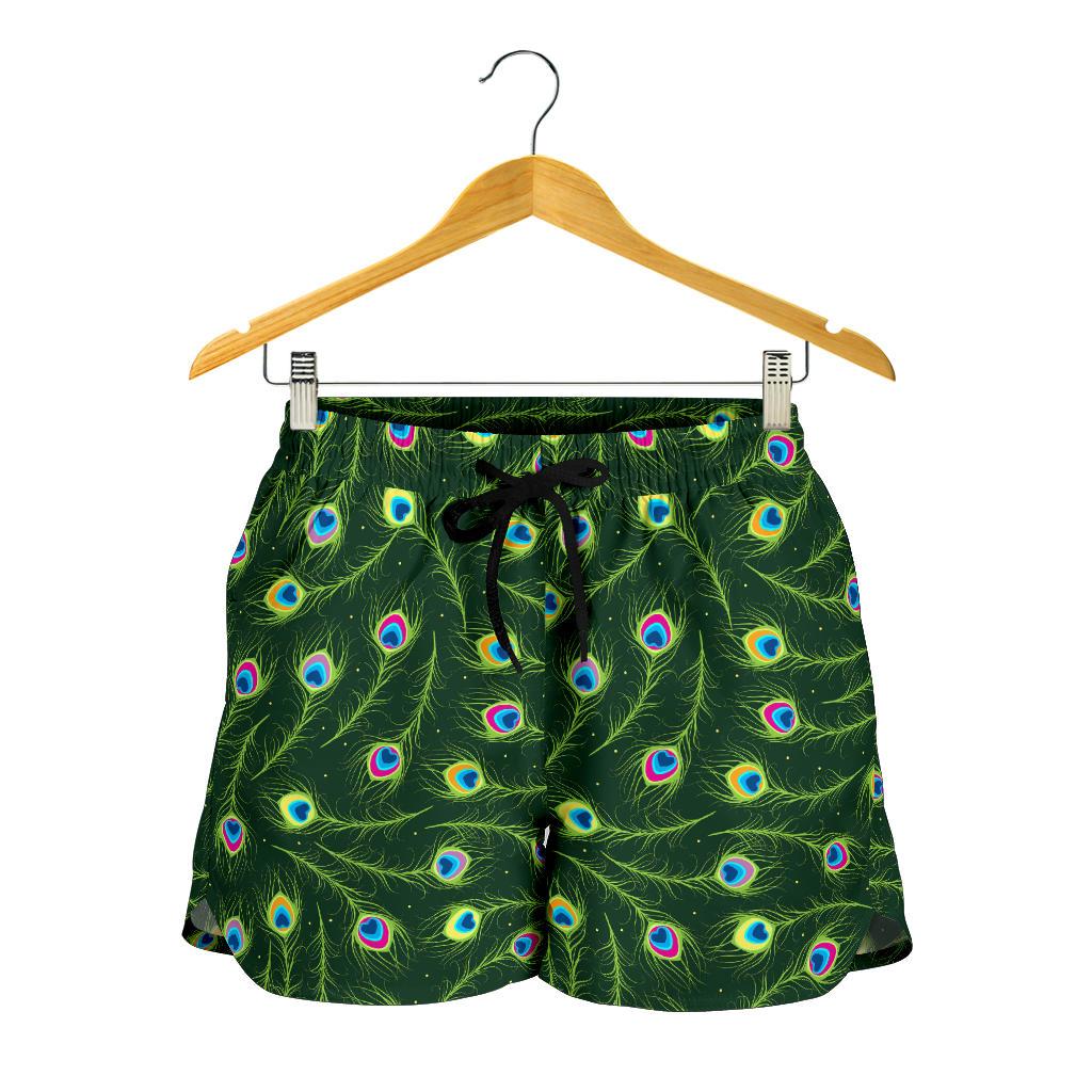 Peacock Feather Green Design Print Women Shorts-JTAMIGO.COM