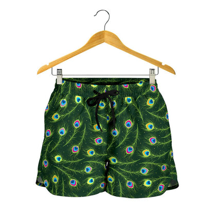 Peacock Feather Green Design Print Women Shorts-JTAMIGO.COM
