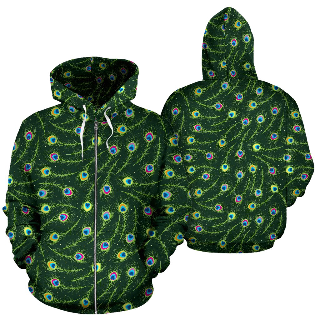 Peacock Feather Green Design Print Zip Up Hoodie