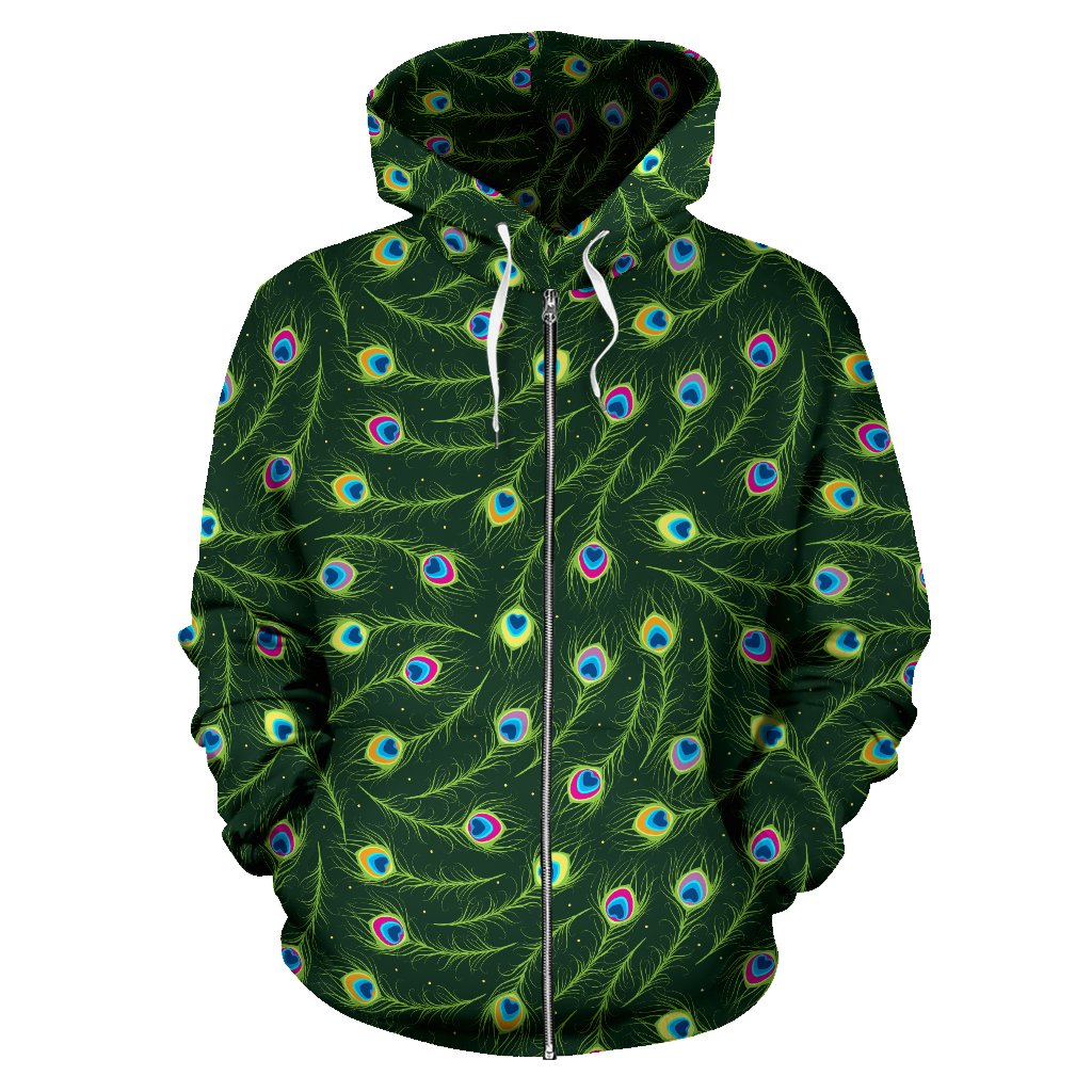Peacock Feather Green Design Print Zip Up Hoodie