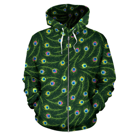 Peacock Feather Green Design Print Zip Up Hoodie