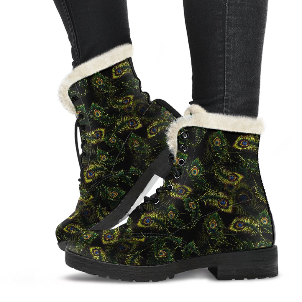 Peacock Feather Pattern Design Print Faux Fur Leather Boots-JTAMIGO.COM