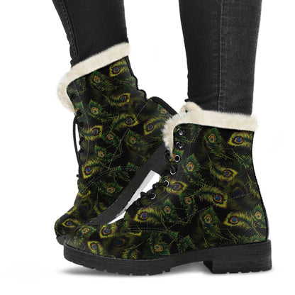 Peacock Feather Pattern Design Print Faux Fur Leather Boots-JTAMIGO.COM