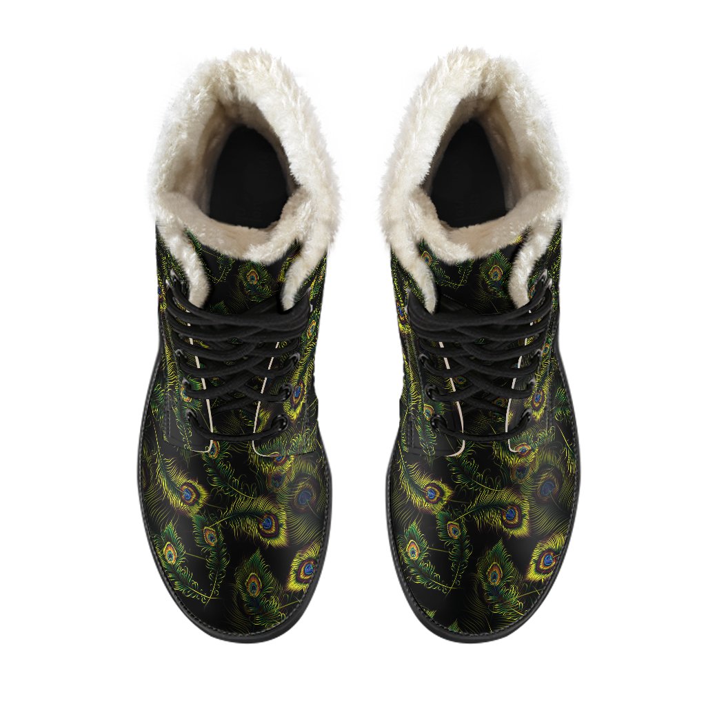Peacock Feather Pattern Design Print Faux Fur Leather Boots-JTAMIGO.COM