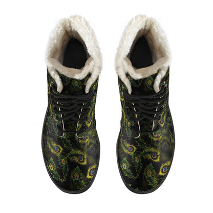 Peacock Feather Pattern Design Print Faux Fur Leather Boots-JTAMIGO.COM