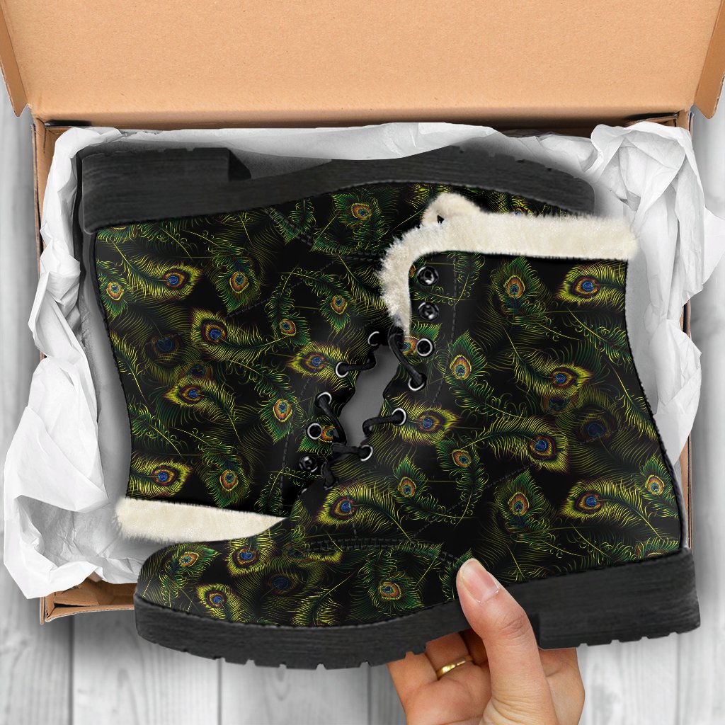 Peacock Feather Pattern Design Print Faux Fur Leather Boots-JTAMIGO.COM