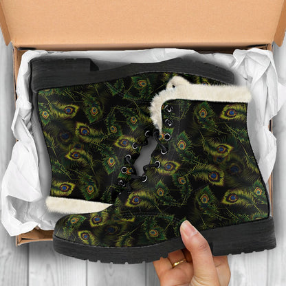 Peacock Feather Pattern Design Print Faux Fur Leather Boots-JTAMIGO.COM