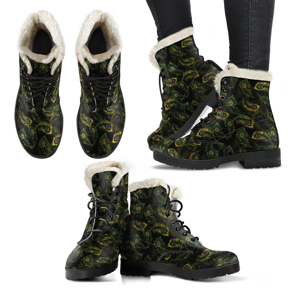 Peacock Feather Pattern Design Print Faux Fur Leather Boots-JTAMIGO.COM