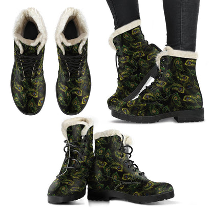 Peacock Feather Pattern Design Print Faux Fur Leather Boots-JTAMIGO.COM