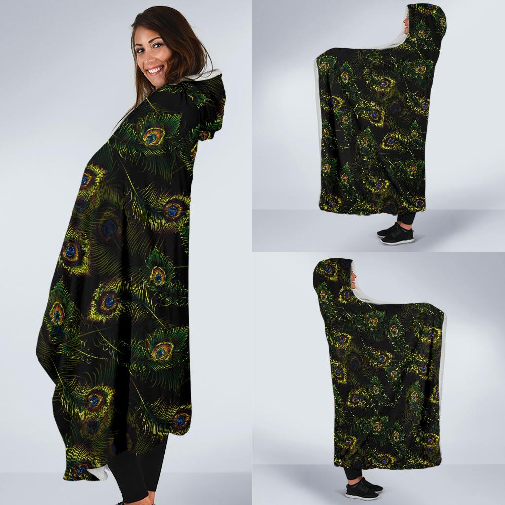 Peacock Feather Pattern Design Print Hooded Blanket-JTAMIGO.COM