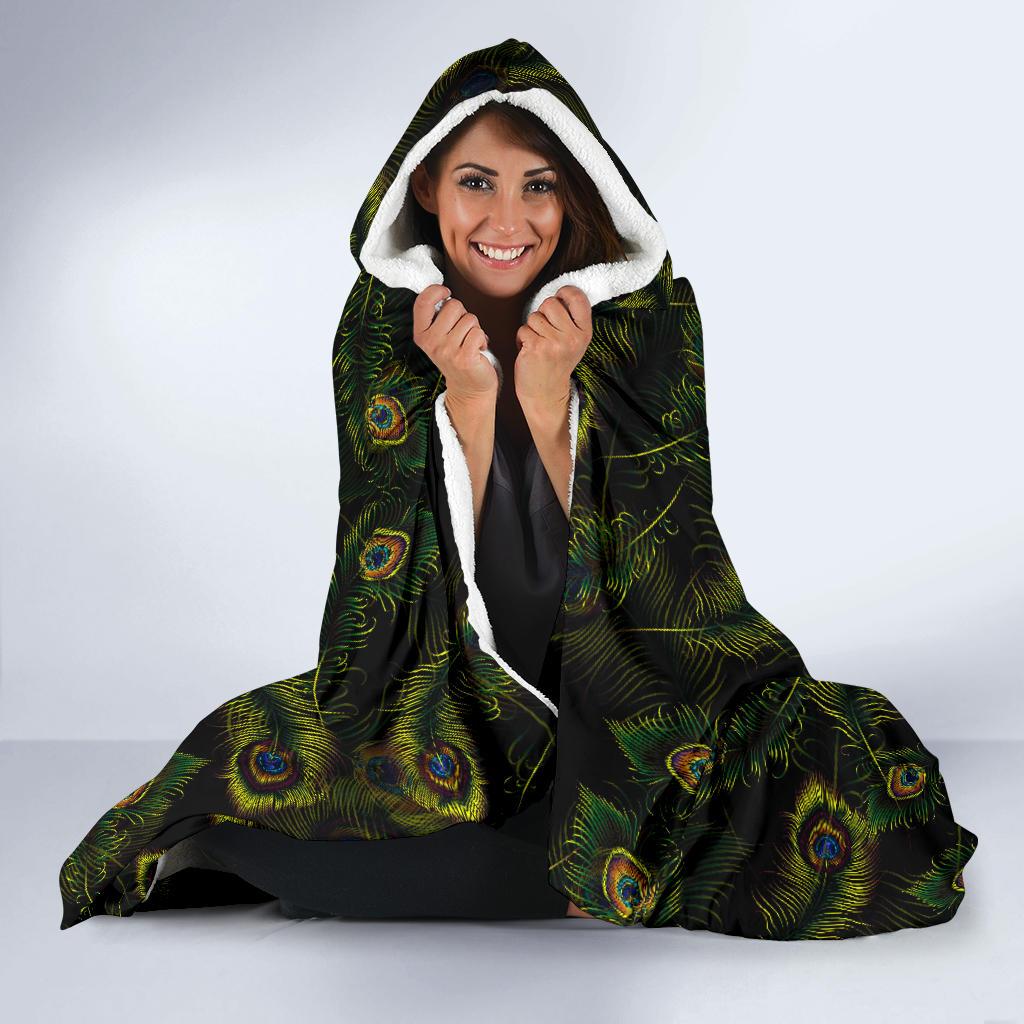 Peacock Feather Pattern Design Print Hooded Blanket-JTAMIGO.COM