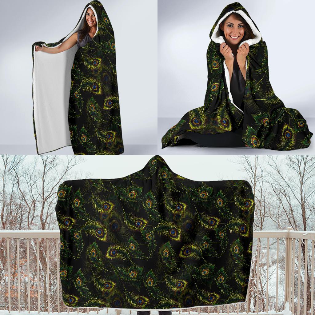 Peacock Feather Pattern Design Print Hooded Blanket-JTAMIGO.COM