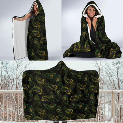 Peacock Feather Pattern Design Print Hooded Blanket-JTAMIGO.COM