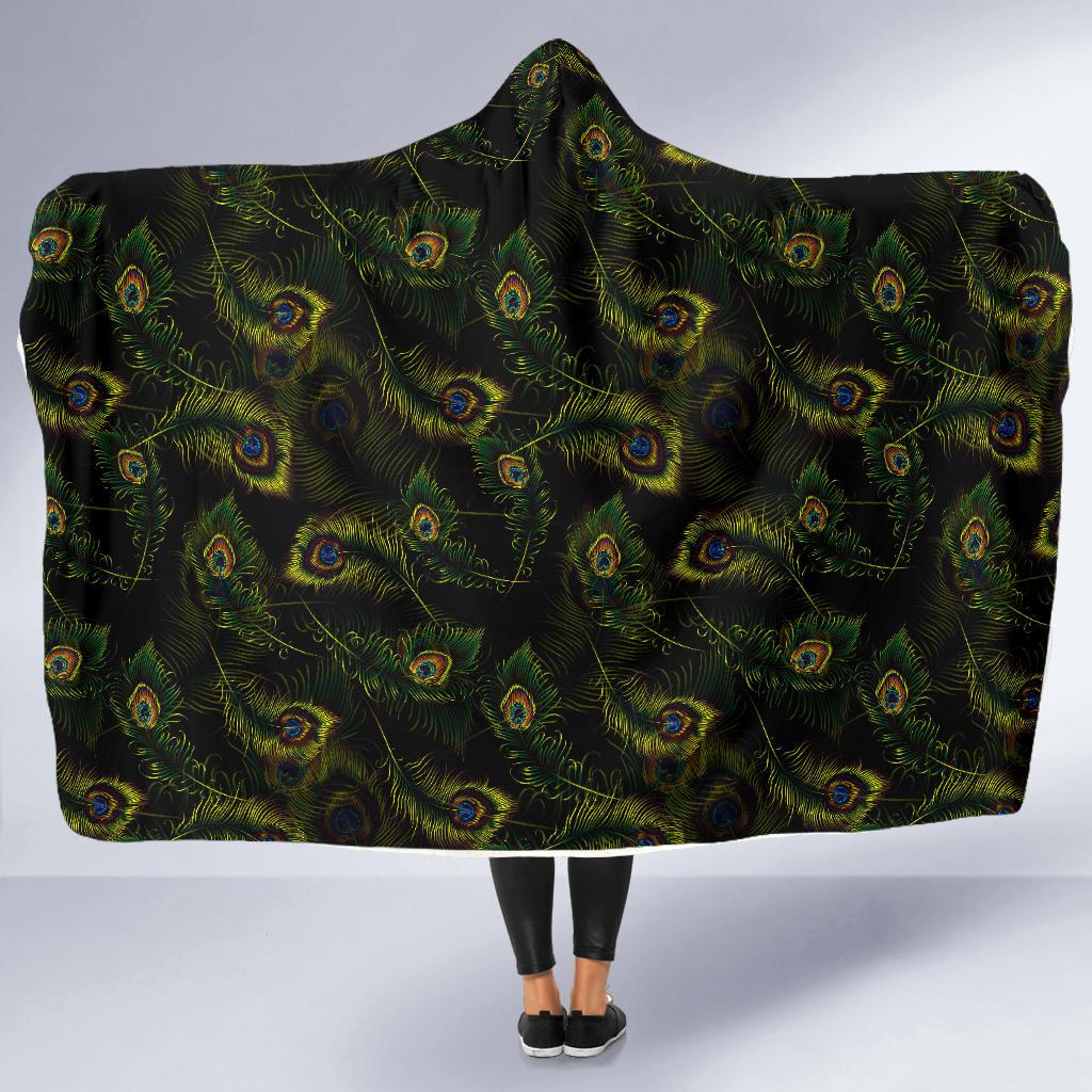 Peacock Feather Pattern Design Print Hooded Blanket-JTAMIGO.COM