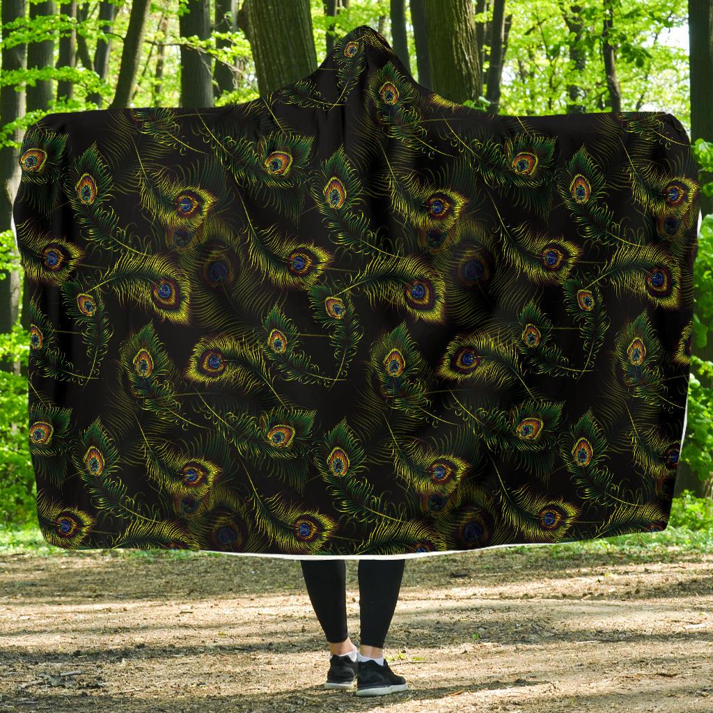Peacock Feather Pattern Design Print Hooded Blanket-JTAMIGO.COM
