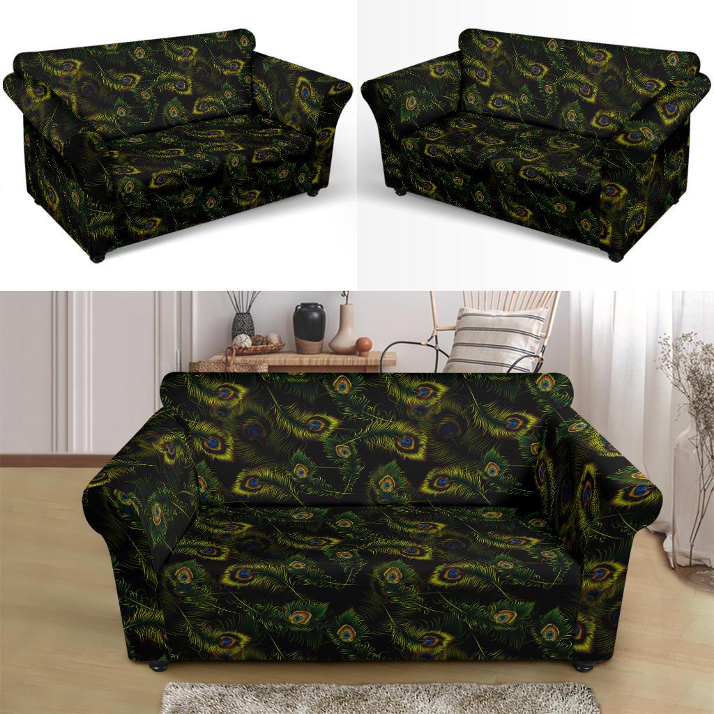 Peacock Feather Pattern Design Print Loveseat Slipcover-JTAMIGO.COM
