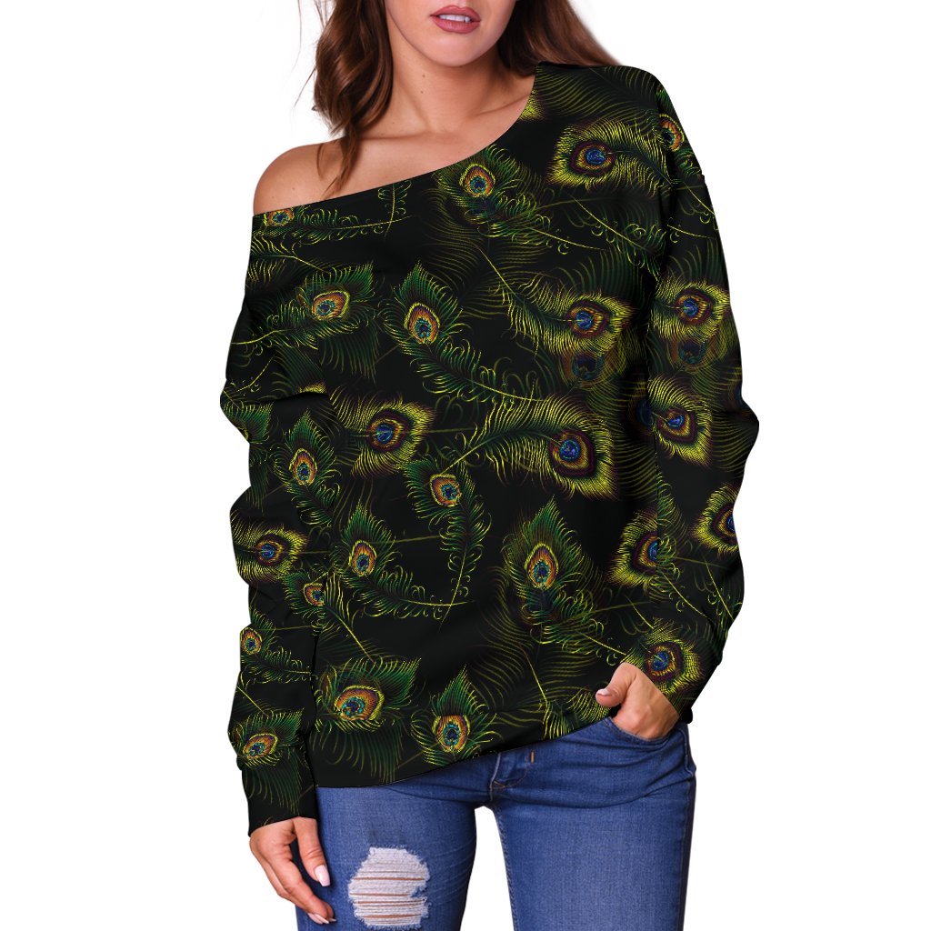 Peacock Feather Pattern Design Print Off Shoulder Sweatshirt