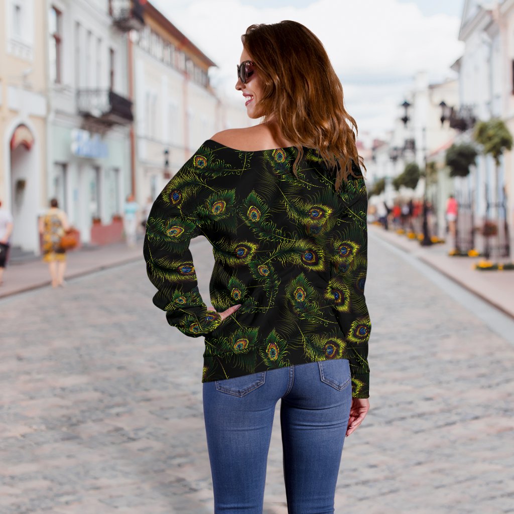 Peacock Feather Pattern Design Print Off Shoulder Sweatshirt