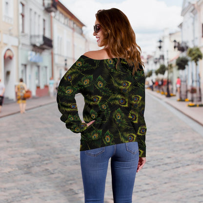Peacock Feather Pattern Design Print Off Shoulder Sweatshirt
