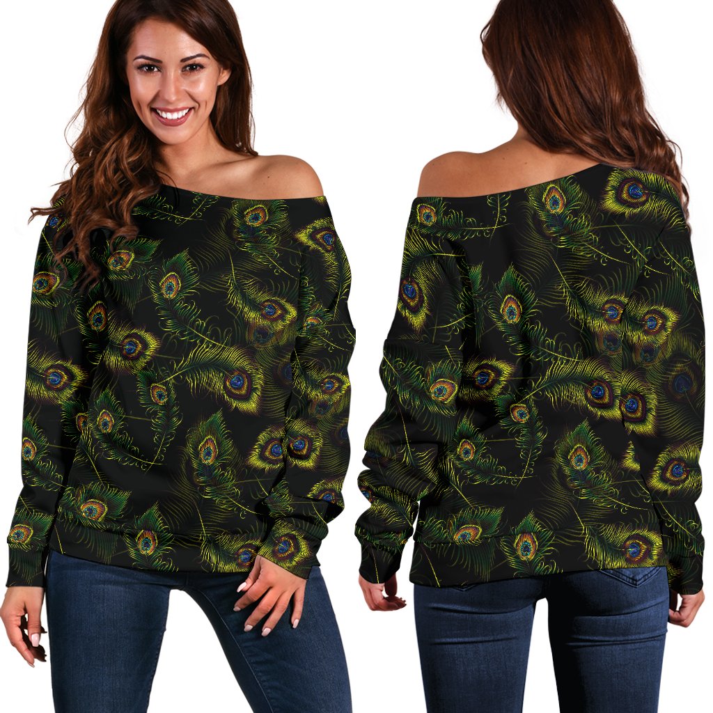 Peacock Feather Pattern Design Print Off Shoulder Sweatshirt