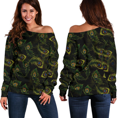 Peacock Feather Pattern Design Print Off Shoulder Sweatshirt
