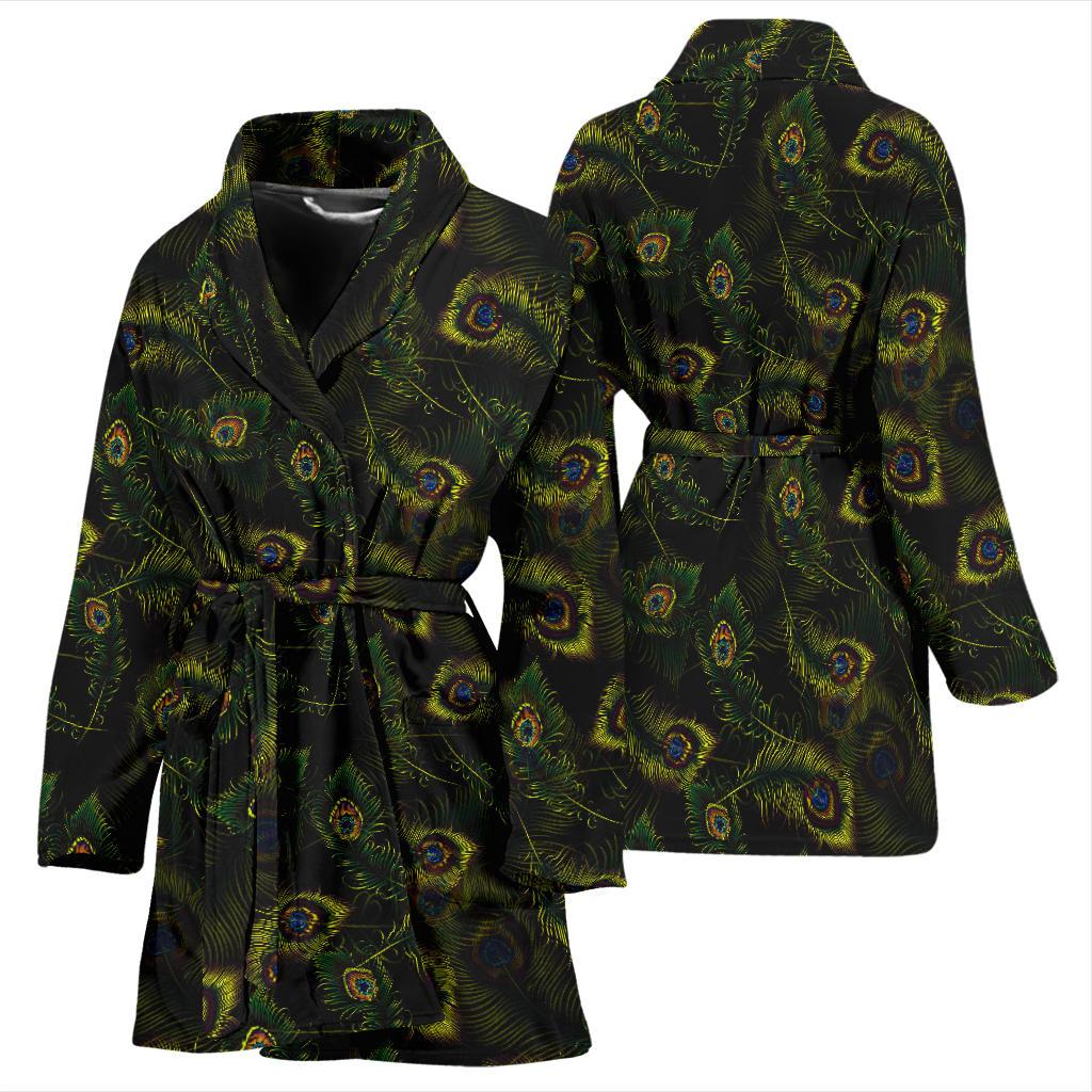 Peacock Feather Pattern Design Print Women Bath Robe-JTAMIGO.COM