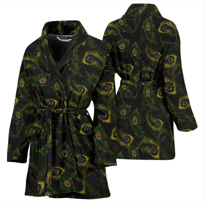 Peacock Feather Pattern Design Print Women Bath Robe-JTAMIGO.COM