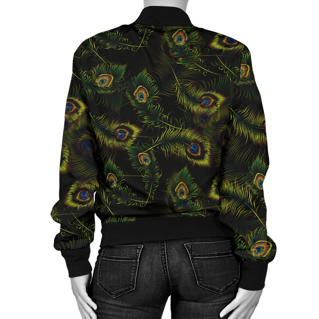 Peacock Feather Pattern Design Print Women Casual Bomber Jacket