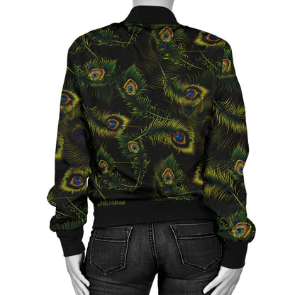 Peacock Feather Pattern Design Print Women Casual Bomber Jacket