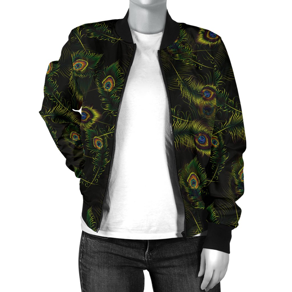 Peacock Feather Pattern Design Print Women Casual Bomber Jacket