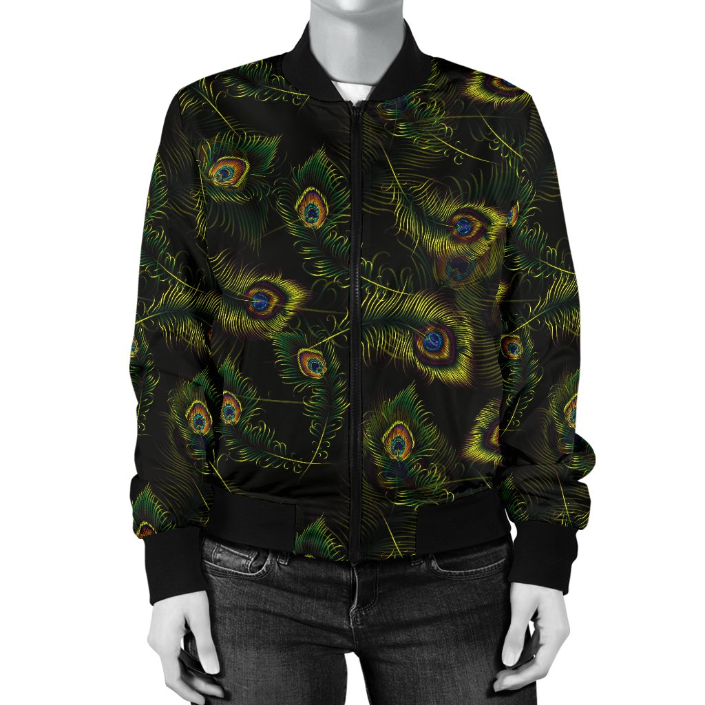 Peacock Feather Pattern Design Print Women Casual Bomber Jacket