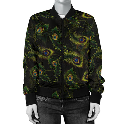 Peacock Feather Pattern Design Print Women Casual Bomber Jacket