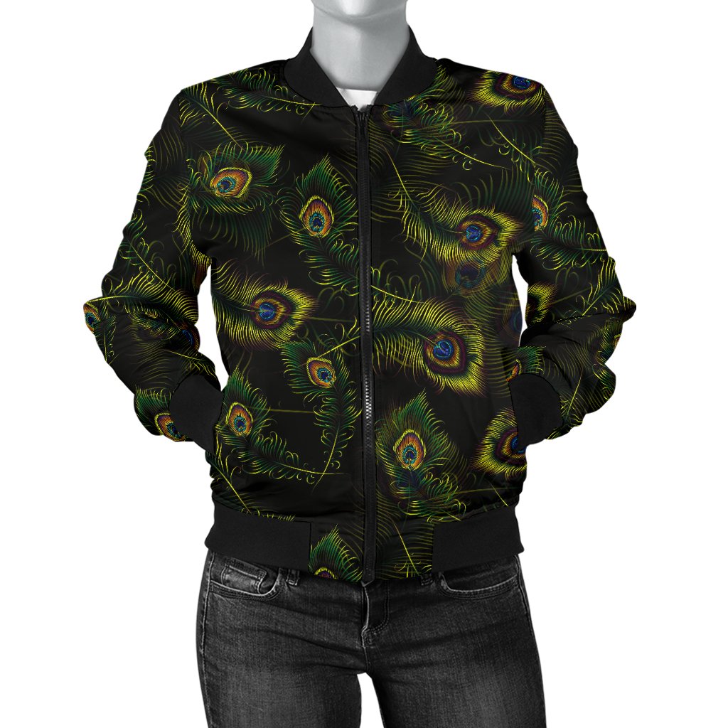Peacock Feather Pattern Design Print Women Casual Bomber Jacket