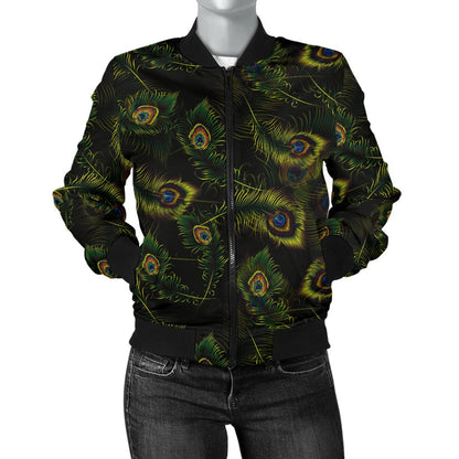 Peacock Feather Pattern Design Print Women Casual Bomber Jacket