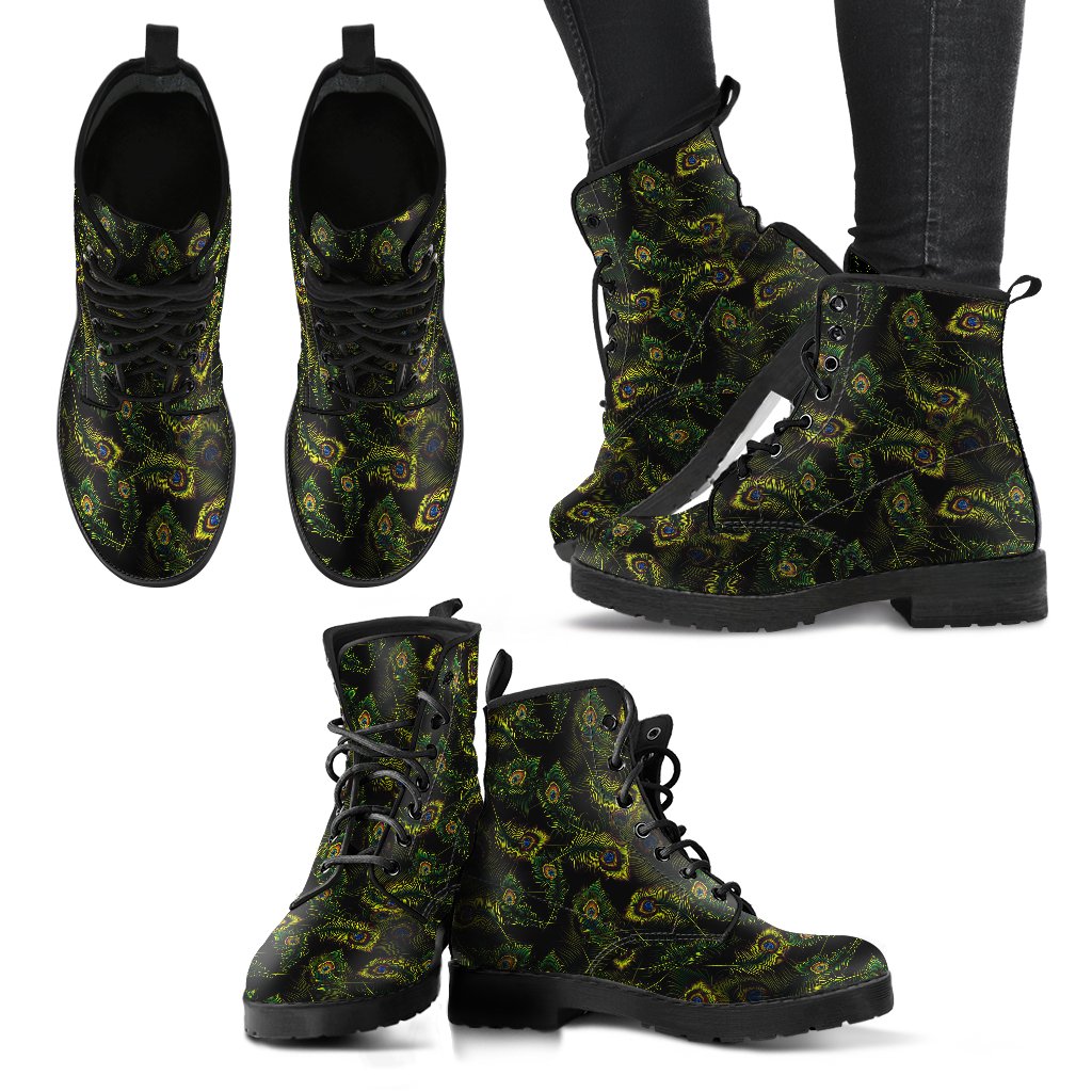 Peacock Feather Pattern Design Print Women Leather Boots-JTAMIGO.COM