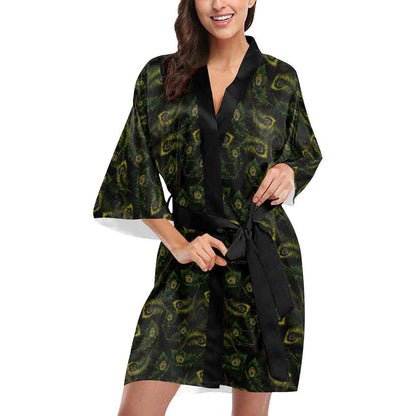 Peacock Feather Pattern Design Print Women Short Kimono Robe