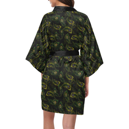 Peacock Feather Pattern Design Print Women Short Kimono Robe