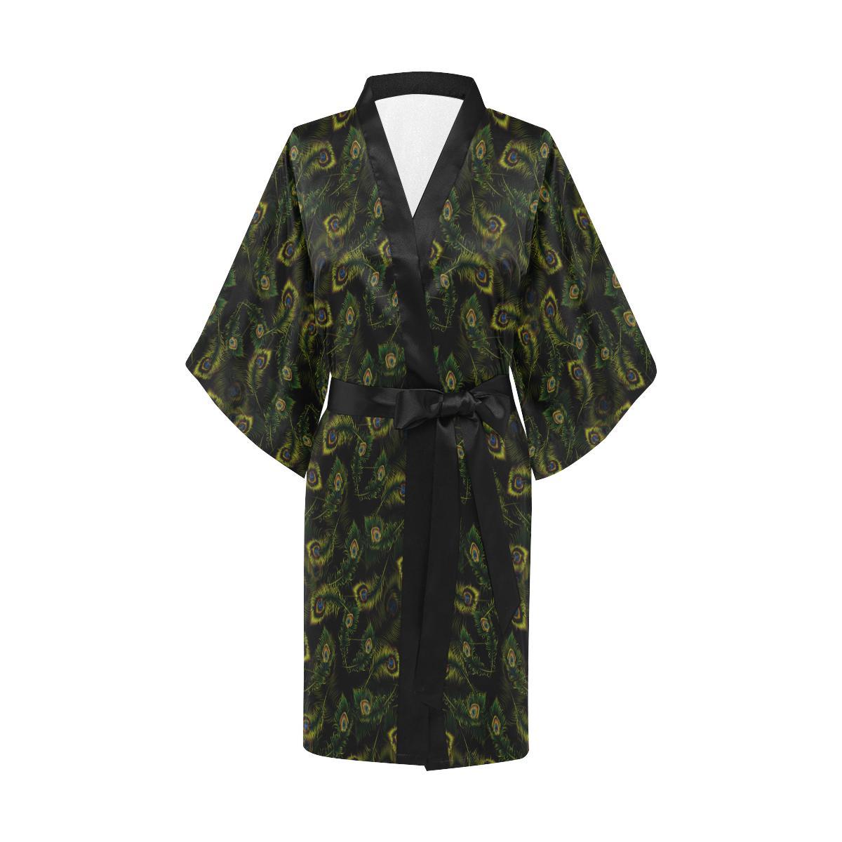 Peacock Feather Pattern Design Print Women Short Kimono Robe