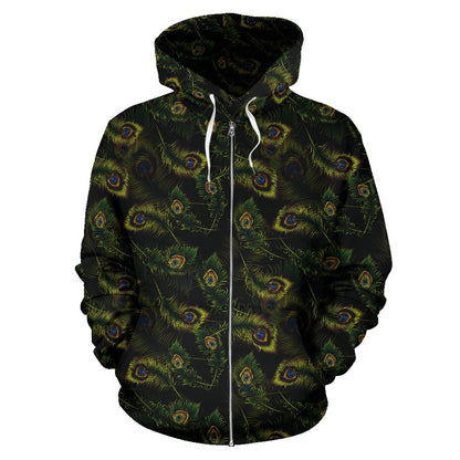 Peacock Feather Pattern Design Print Zip Up Hoodie