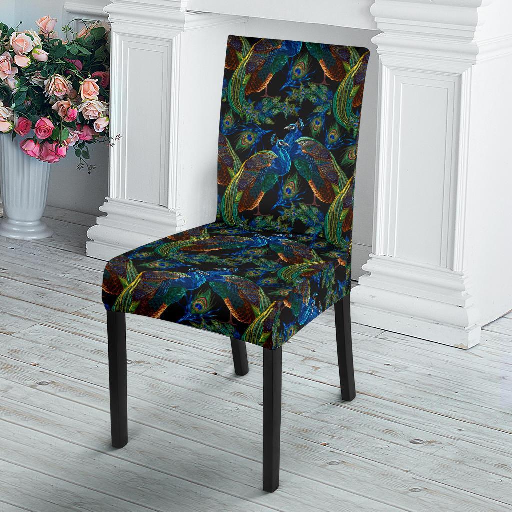 Peacock Themed Design Print Dining Chair Slipcover-JTAMIGO.COM
