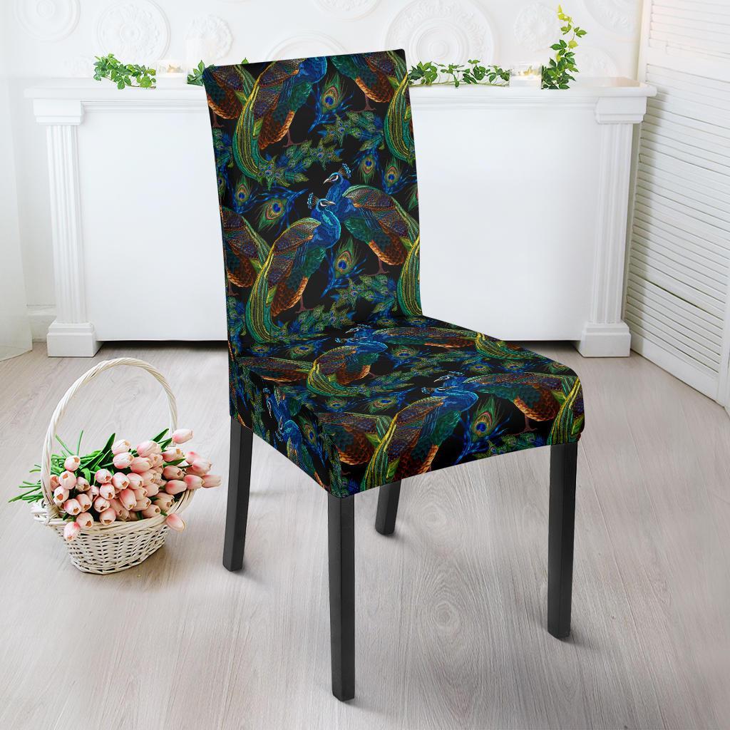 Peacock Themed Design Print Dining Chair Slipcover-JTAMIGO.COM