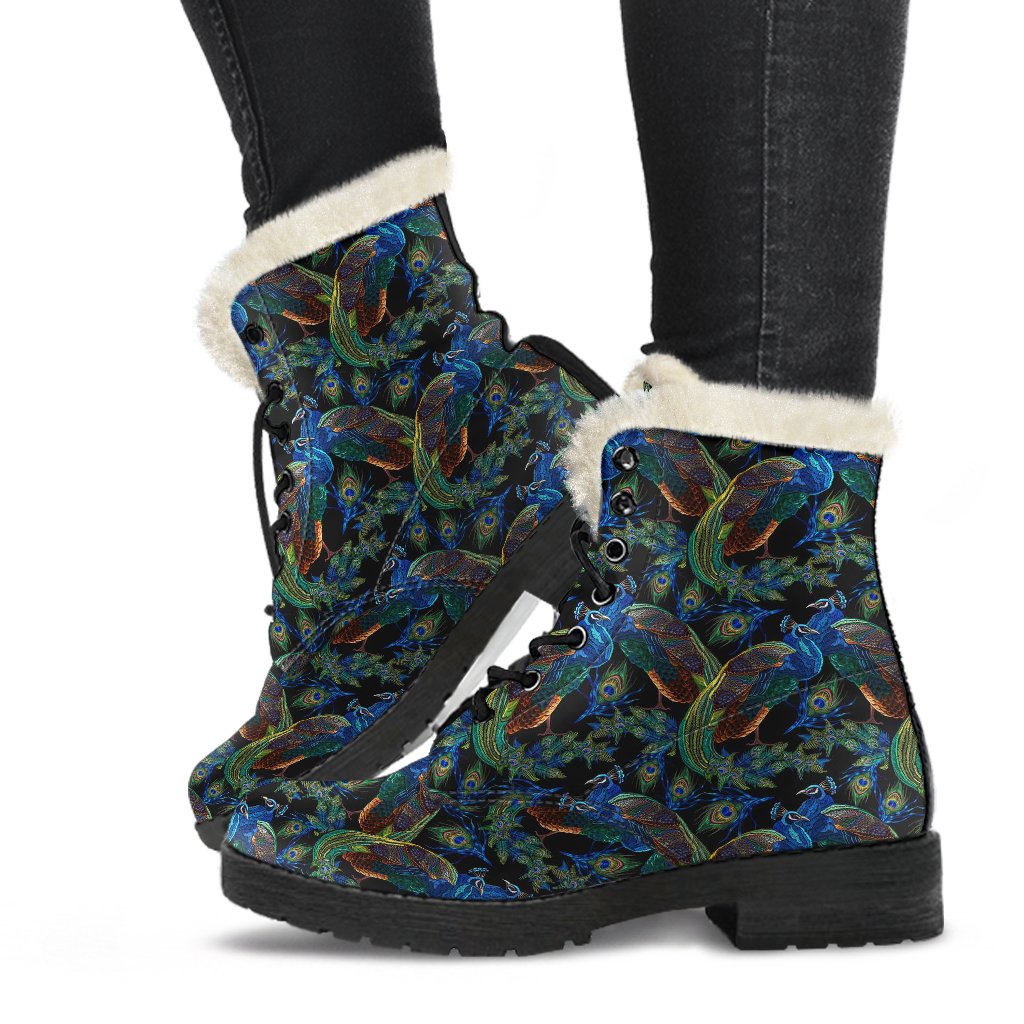Peacock Themed Design Print Faux Fur Leather Boots-JTAMIGO.COM